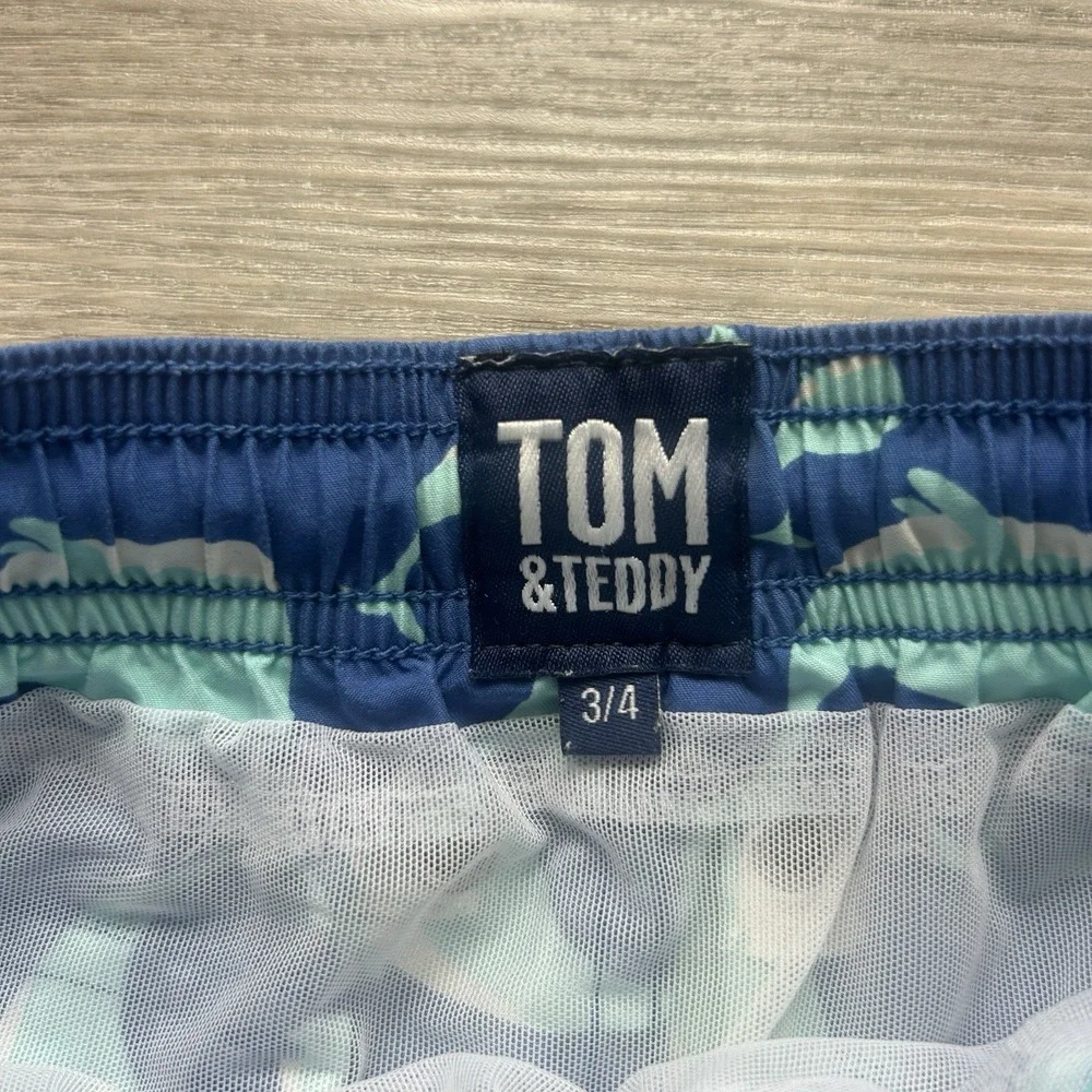Boys Tom & Teddy Lined Swim‎ Trunks Size 3/4 Blue with Blue Sharks Colorful